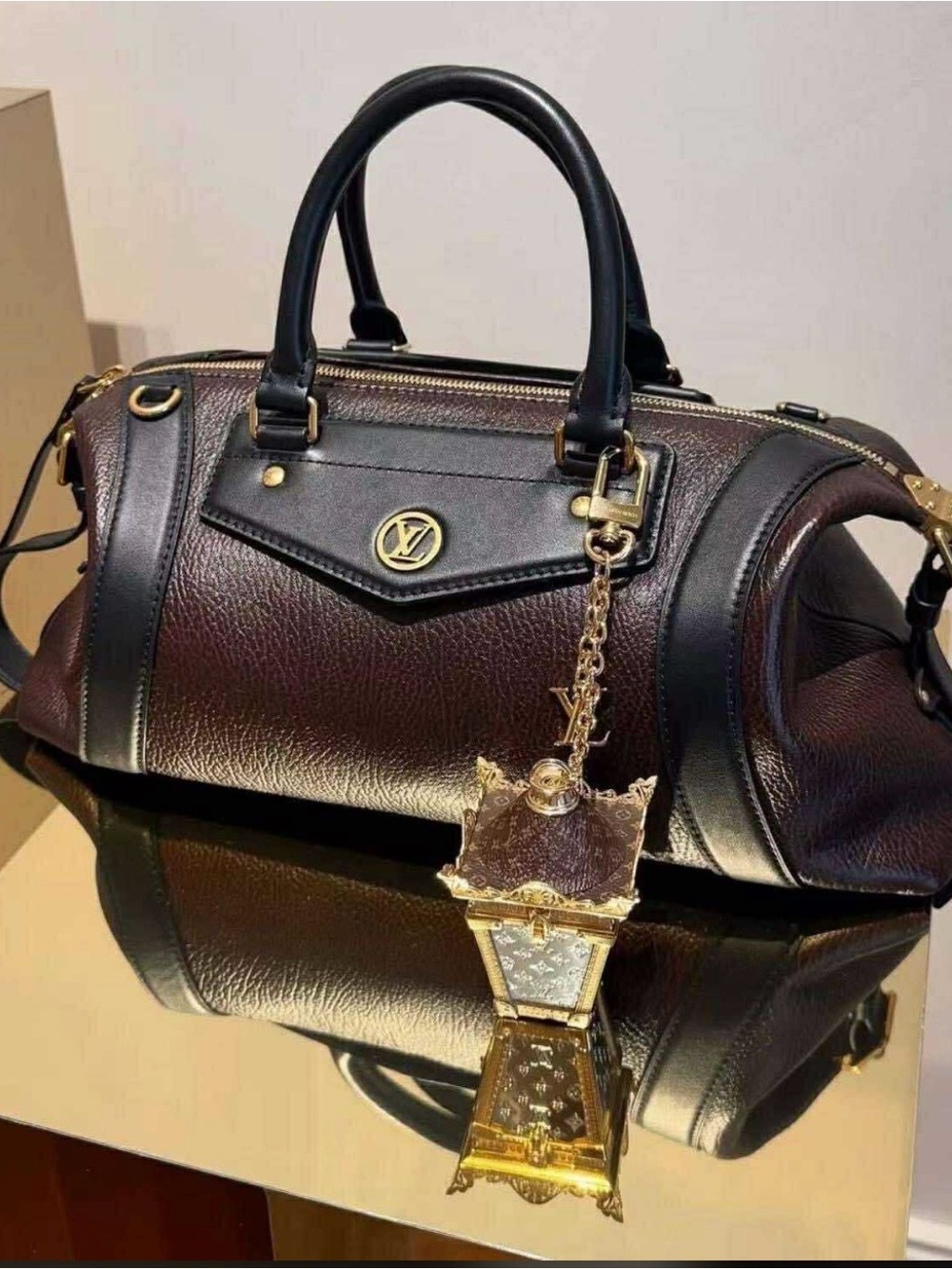 Brown and Black Bowling Bag with Gold Hardware